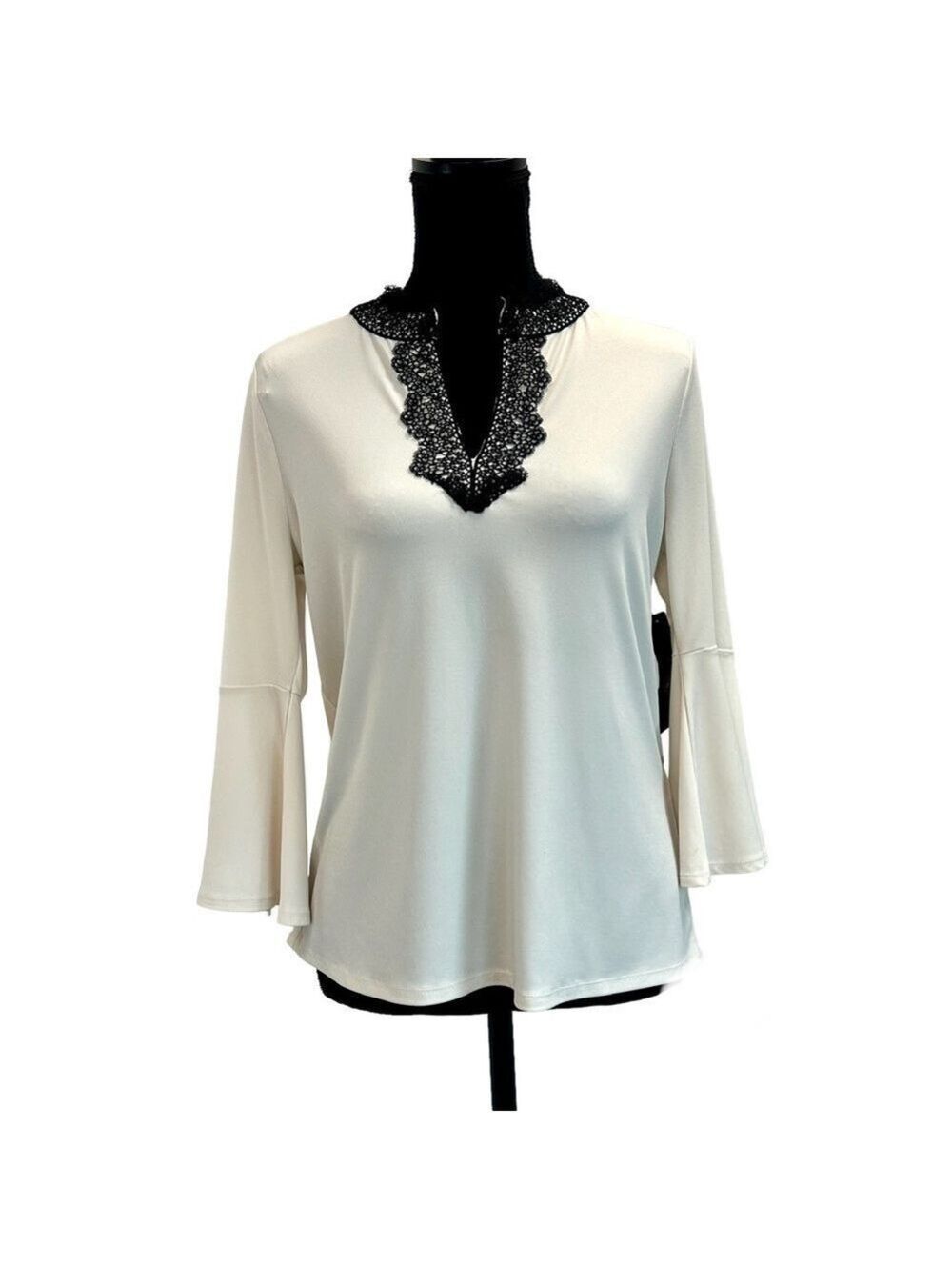 TAHARI Andie black ivory knit bell sleeve lace neckline blouse Sz S NWT